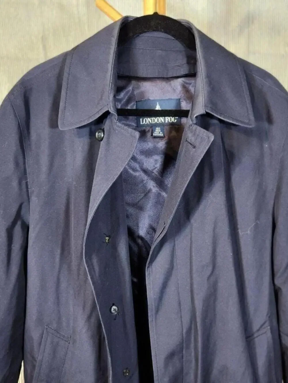 London Fog 40R $275 Navy Rain Trench Coat Cotton Blend Overcoat Vintage 90s 80s